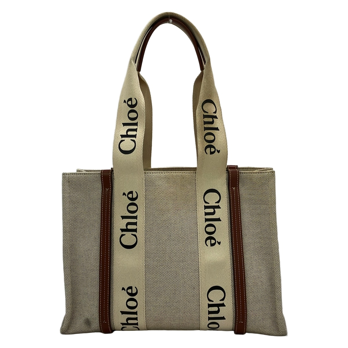Chlo Woody Medium Tote Bag Tote Bag Cream Brown Canvas Leather